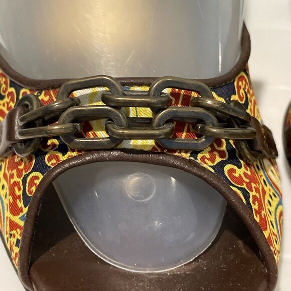 J. CREW Open Toe Heels Shoes Women's 7.5M Colorful Paisley Chain Front Italy - Picture 3 of 11